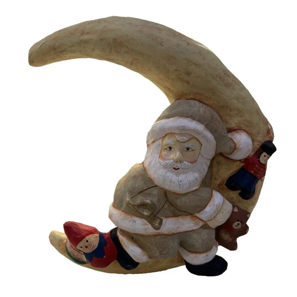 Santa Moon Christmas Decor Paper Mache Christmas Santa Claus Hand Painted 15